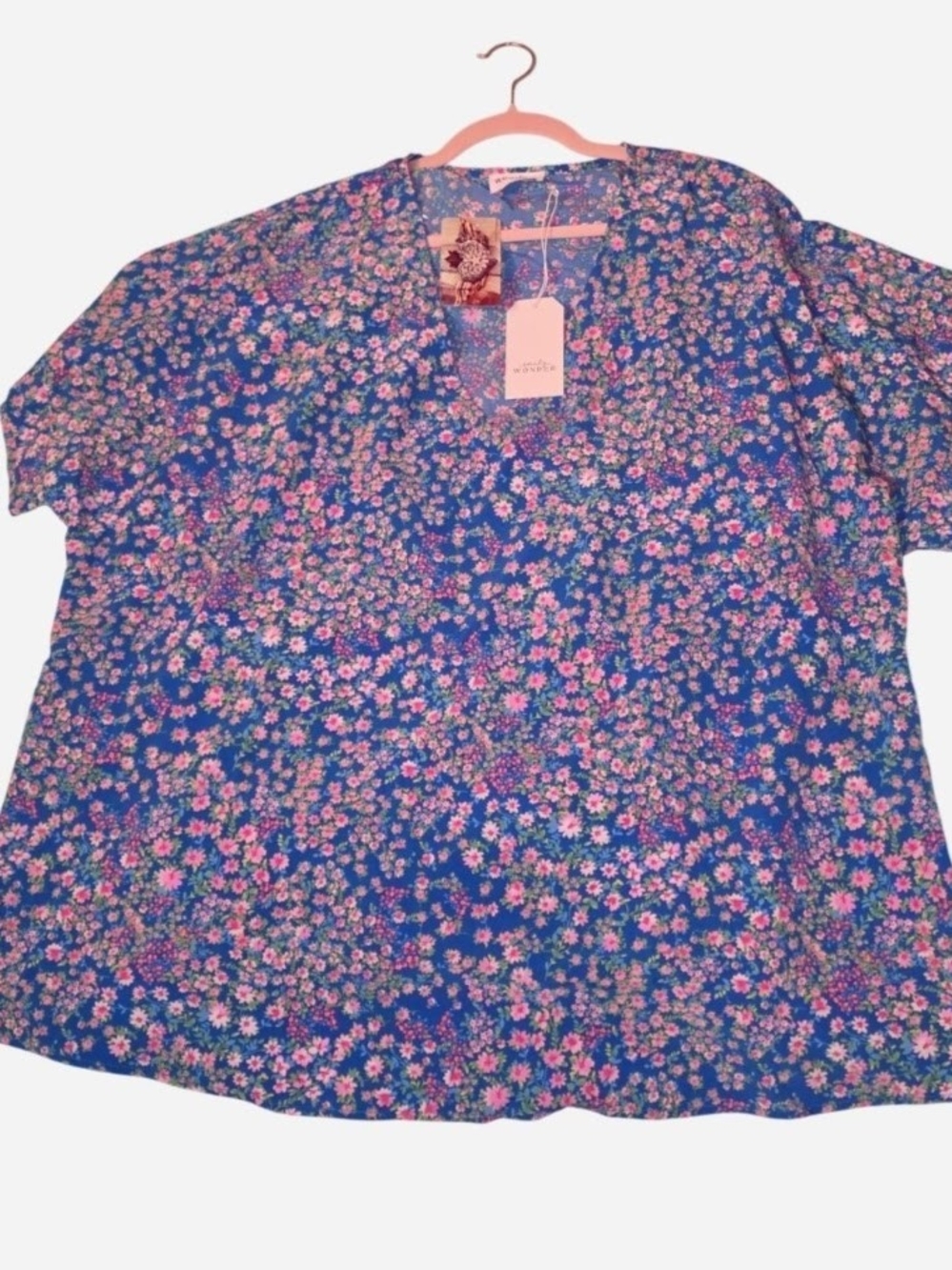 Blue Floral V-Neck Tunic Top with Pink Accents